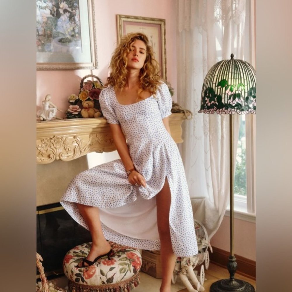 NEW Reformation Coucou Midi Linen Dress Hanna White Blue Floral | US 4 UK 8